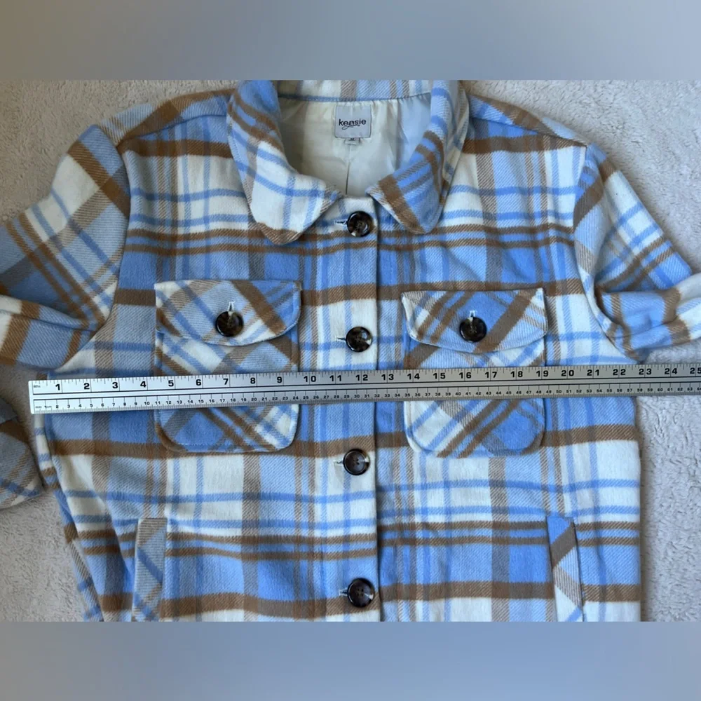 Kensie Jeans Plaid Shacket in Blue and Brown Women Size Medium